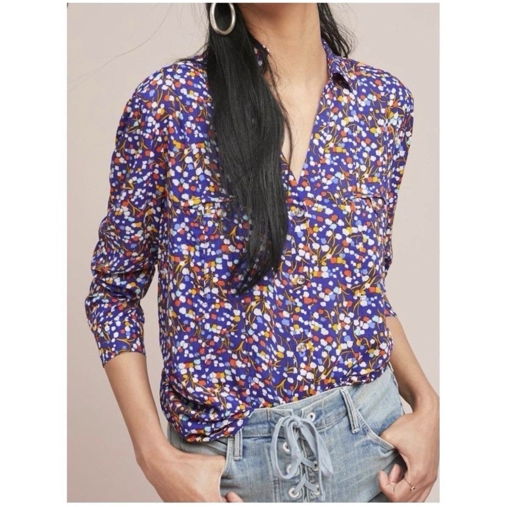 Anthropologie Floral Blouse Button Up Sz 6 Long Sleeve Artsy Retro Rayon Top